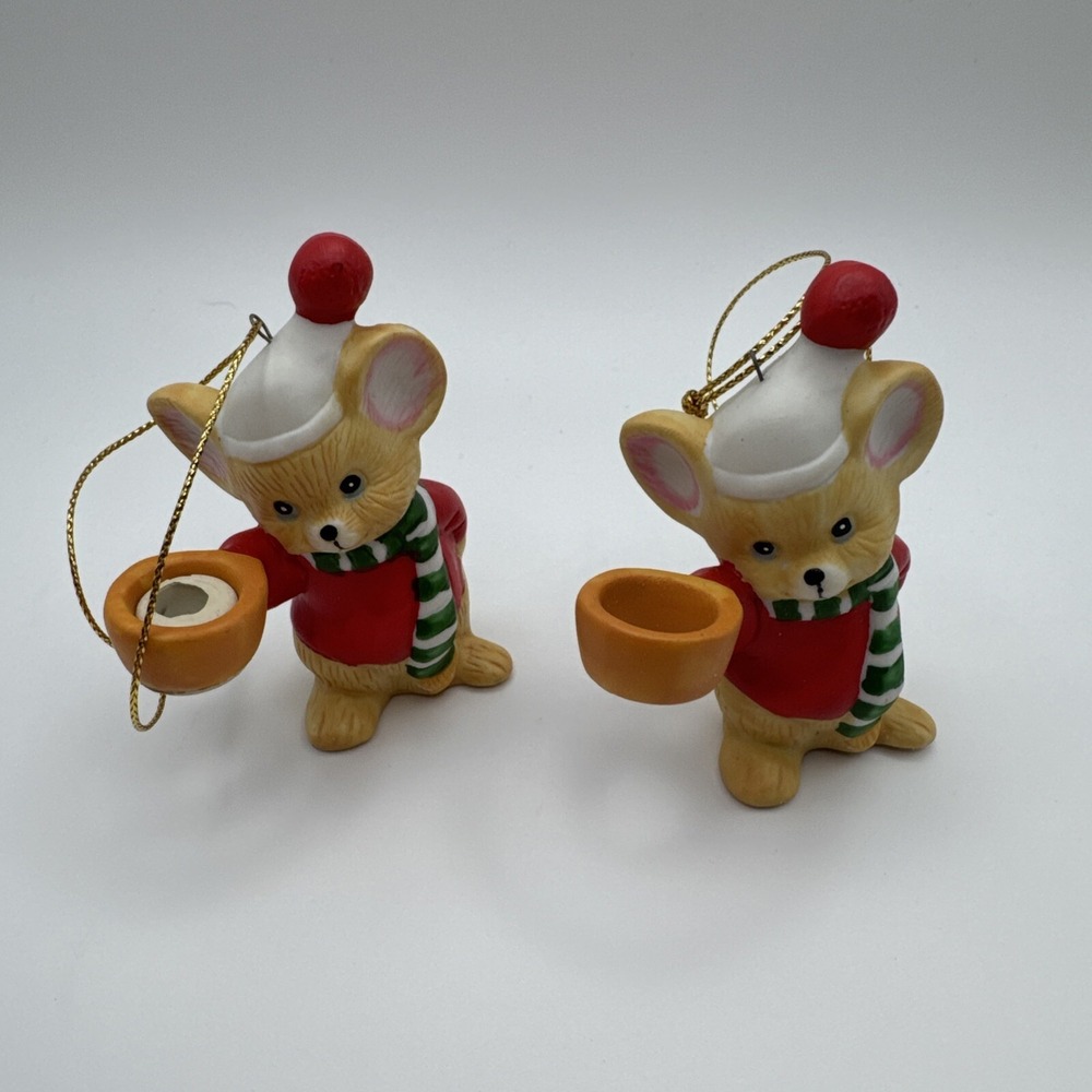 Vtg Christmas Ornaments‎ 70s Porcelain Mouse Light Candle Holder Hugger Set 2